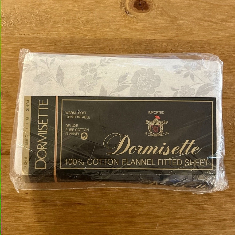 Vintage NIP Dormisette 100% Cotton Flannel Fitted Sheet Twin White Gray Floral
